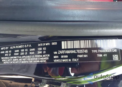 2020 Alfa Romeo Giulia Sport Rwd z USA, uszkodzony, nr VIN ZARFAMAN4L7635748